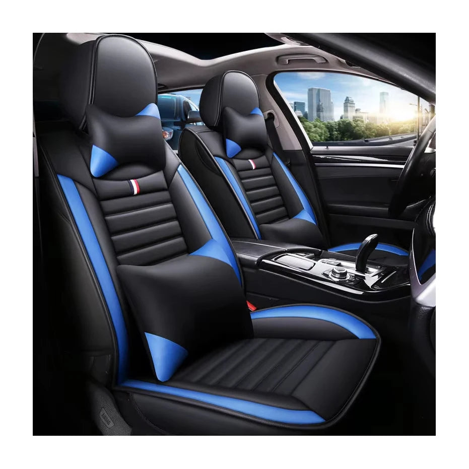 5-Seater Full Set Sporty Style Black Blue Leather Car Seat Cover Waterproof Interior Accessory