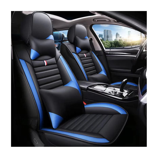5-Seater Full Set Sporty Style Black Blue Leather Car Seat Cover Waterproof Interior Accessory