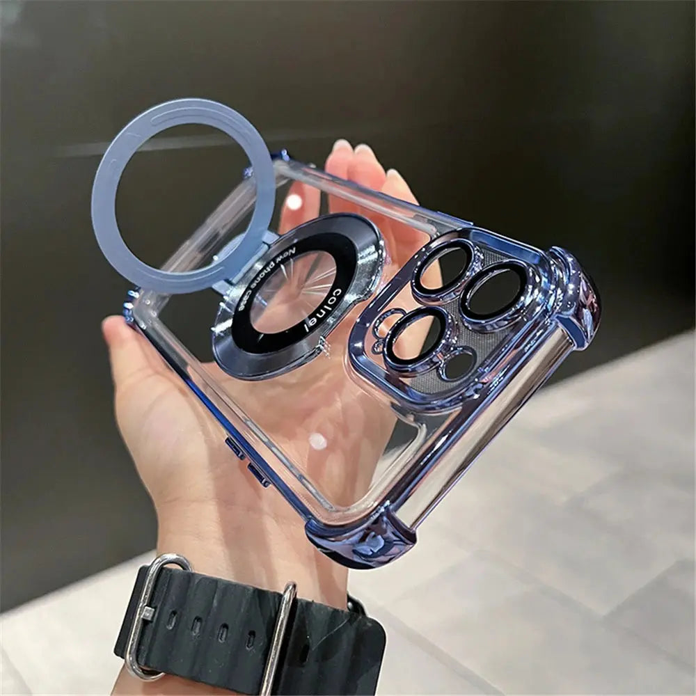 Luxury Plating Shockproof Magnetic Bracket For Magsafe Clear Case For iPhone 15 16 14 13 12 11 Pro Max With Holder Stand Cover SZDBR Store