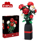Creative Red Rose Vase Plants Model Building Blocks Moc Romantic