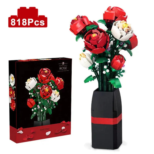 Creative Red Rose Vase Plants Model Building Blocks Moc Romantic
