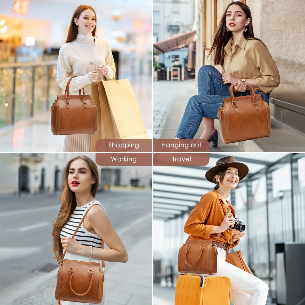 Bolso de mujer de diseñador vintage de gran capacidad, bolso de mano de cuero rígido, bolso tote retro marrón con ranura para tarjetas
