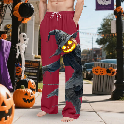Men'S Halloween Glowing Pumpkin Bogy Printed Pocket Home Clothes Pajama Pants Bottoms Big Slipper