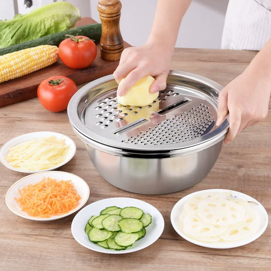 3 In 1 Stainless Steel Vegetable Slicer Cutter Multifunctional Strainer for Washing and Slicing Fruits, Vegetable Kitchen Gadget