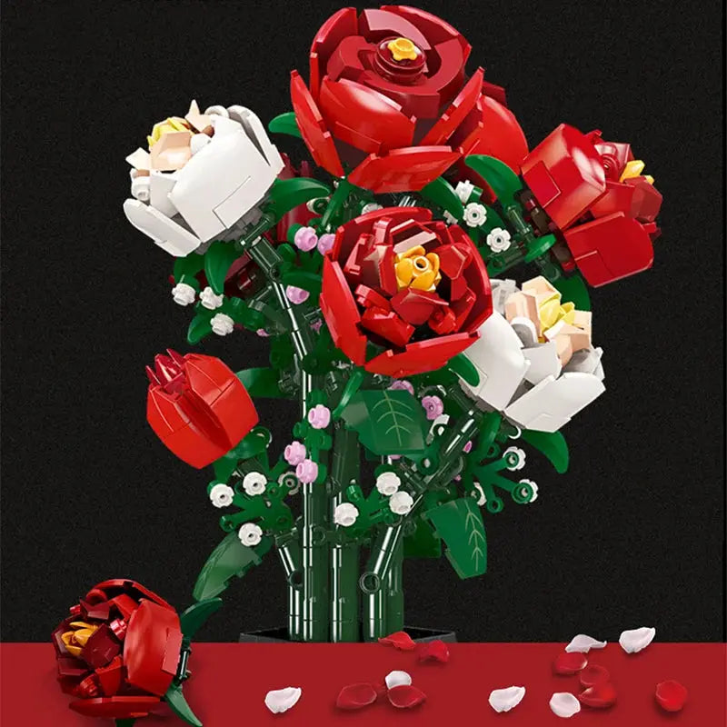 Creative Red Rose Vase Plants Model Building Blocks Moc Romantic