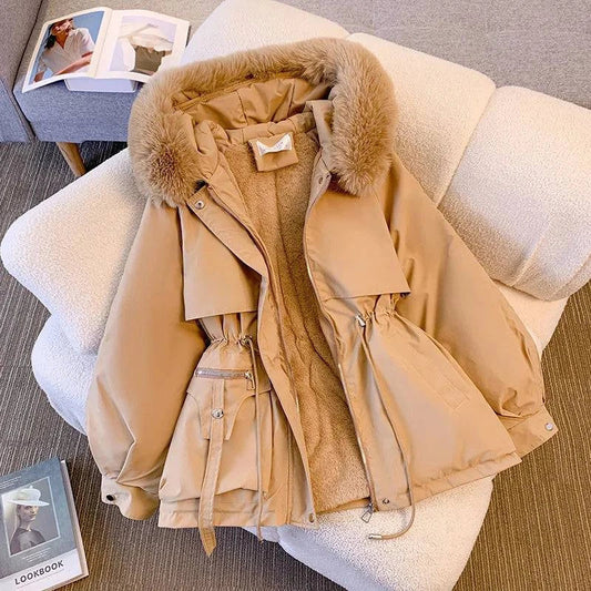 Fleece Lined Hood Down Jacket Winter Coat for Women Warm Drawstring Padded Parkas Korean Casual Streetwear Female Puffer Outwear Stone's Store