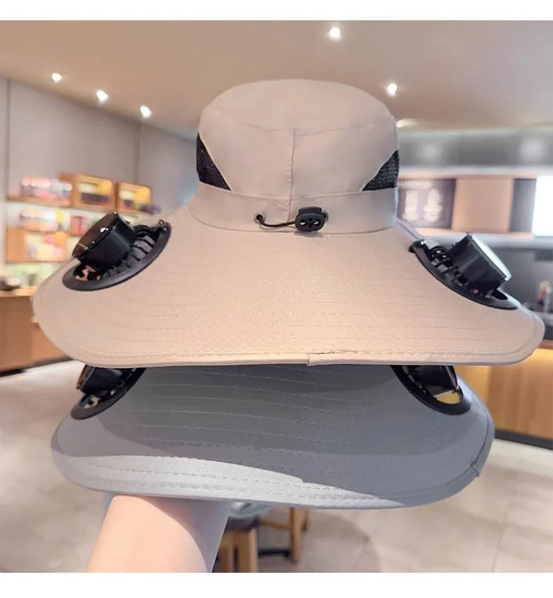 Multi-Function Solar Fan Sun Hat - Waterproof Fishing Hat with Built-In USB Charging & Wide Brim for UV/Heat Protection
