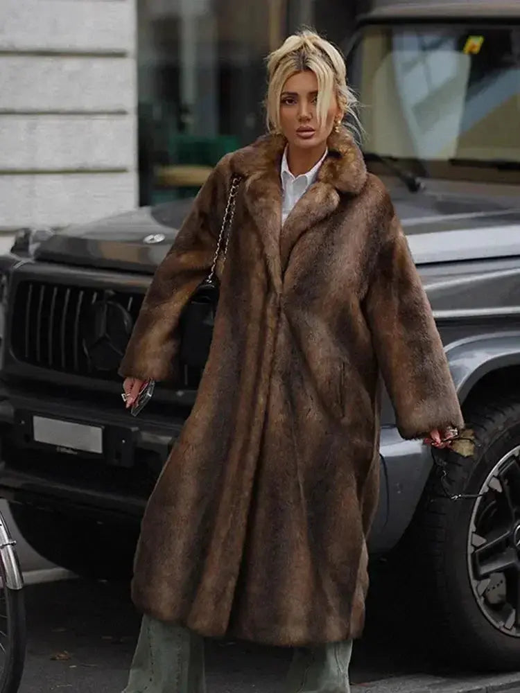 Women's Dark Brown Faux Fur Long Overcoat Single Breasted Fleece Long AliExpress