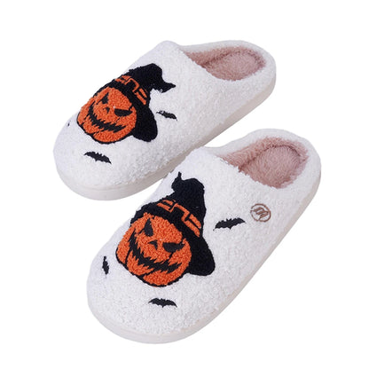 Halloween Pumpkin Slippers Furry Pumpkin Bat Slippers Comfortable Fuzzy Witch Hat Pumpkin Slippers Anti Slip for Indoor Bedroom