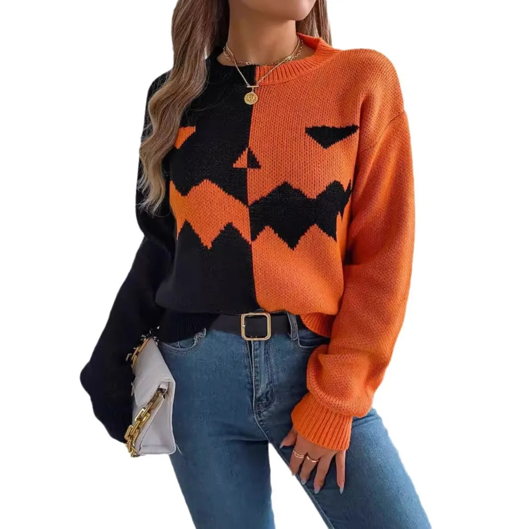 Halloween Asymmetric Color Block Sweater Jack O Lantern Face Pullover Crewneck Knit Top