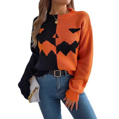 Halloween Asymmetric Color Block Sweater Jack O Lantern Face Pullover Crewneck Knit Top