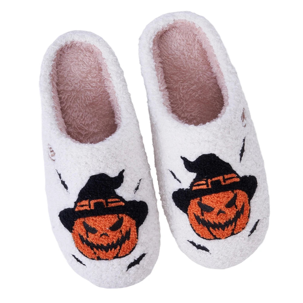 Halloween Pumpkin Slippers Furry Pumpkin Bat Slippers Comfortable Fuzzy Witch Hat Pumpkin Slippers Anti Slip for Indoor Bedroom