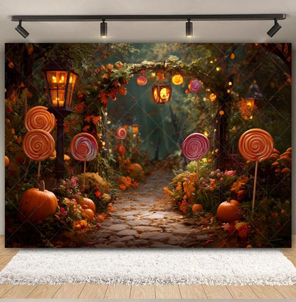 Halloween Lollipop Photography Backdrop Fantasy Forest Arch Pumpkin Lantern Festival Party Baby Portrait Photo Background Decor