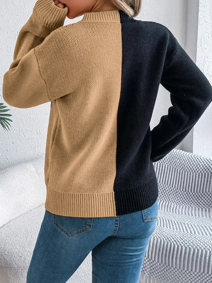 Halloween Asymmetric Color Block Sweater Jack O Lantern Face Pullover Crewneck Knit Top