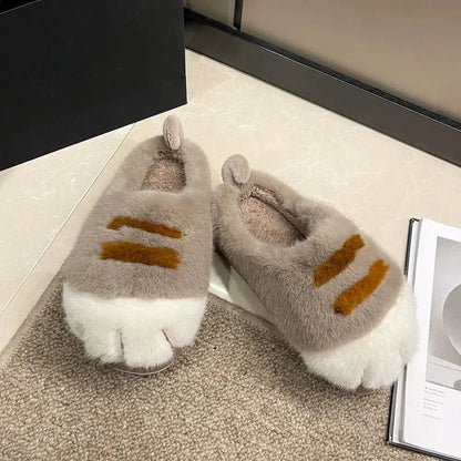 1 Pair Winter Plush Slippers Thick Non-Slip Insoles Cartoon Cat Design