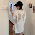 2025 Summer Perspective Lace Butterfly Hollow Out Tshirts Street Fashion Backless T Shirt Women Loose Sexy Club Tee Shirts Top