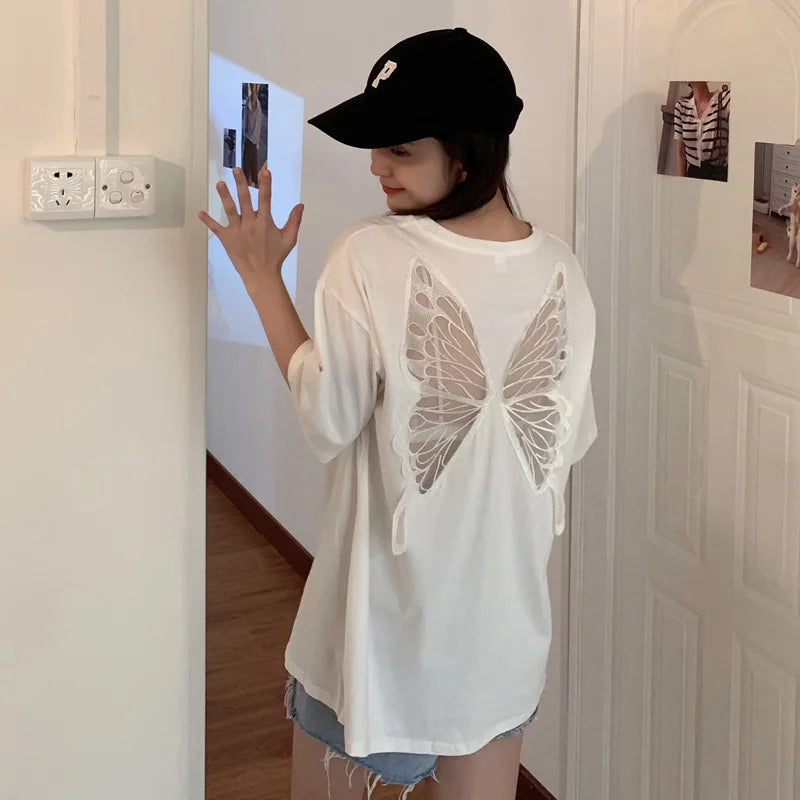 2025 Summer Perspective Lace Butterfly Hollow Out Tshirts Street Fashion Backless T Shirt Women Loose Sexy Club Tee Shirts Top