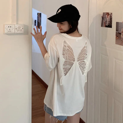 2025 Summer Perspective Lace Butterfly Hollow Out Tshirts Street Fashion Backless T Shirt Women Loose Sexy Club Tee Shirts Top