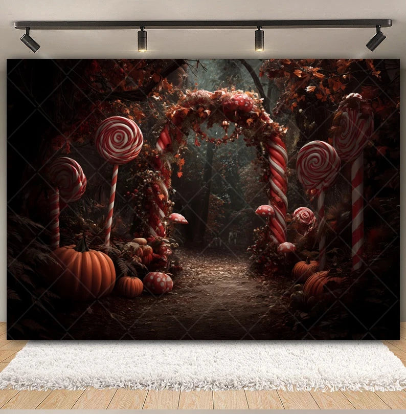 Halloween Lollipop Photography Backdrop Fantasy Forest Arch Pumpkin Lantern Festival Party Baby Portrait Photo Background Decor