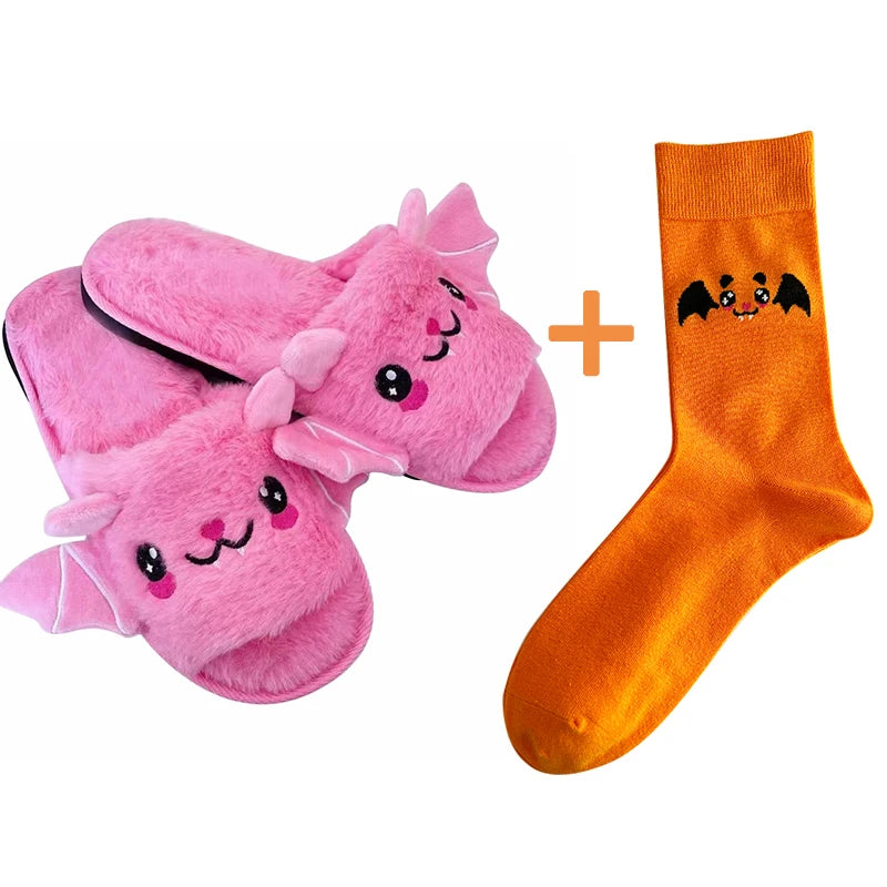 Halloween New Bat Plush Shoes Lightweight Home Fuzzy Slippers Women Men Flip Flops Cartoon Kid Adults Flat Slides for Party
