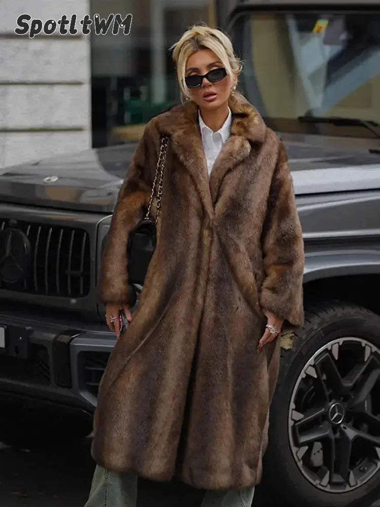 Women's Dark Brown Faux Fur Long Overcoat Single Breasted Fleece Long AliExpress