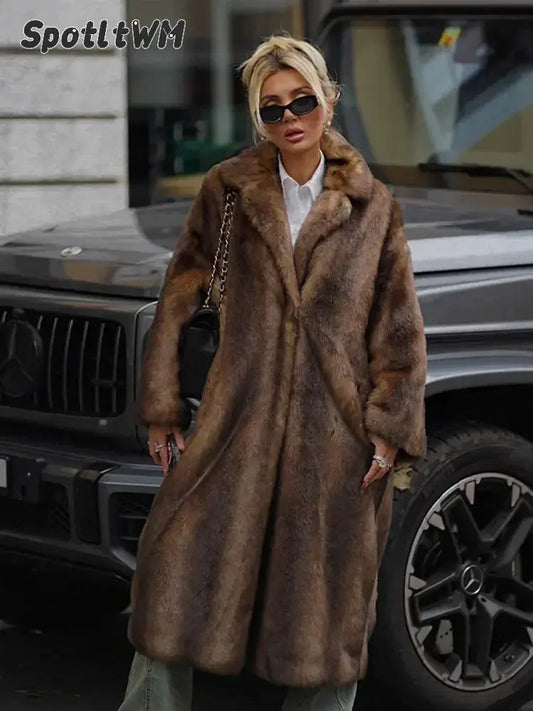 Women's Dark Brown Faux Fur Long Overcoat Single Breasted Fleece Long AliExpress
