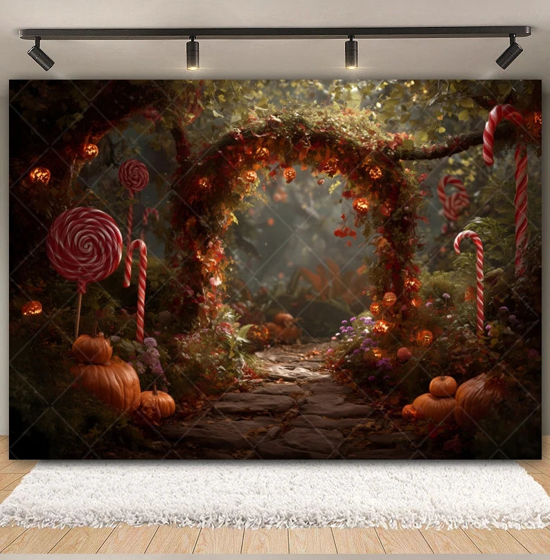 Halloween Lollipop Photography Backdrop Fantasy Forest Arch Pumpkin Lantern Festival Party Baby Portrait Photo Background Decor