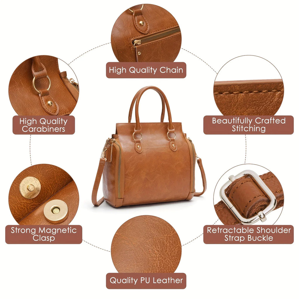 Bolso de mujer de diseñador vintage de gran capacidad, bolso de mano de cuero rígido, bolso tote retro marrón con ranura para tarjetas