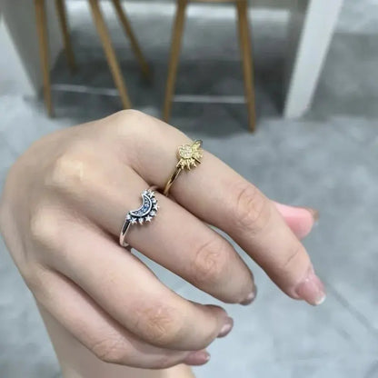 2pc/set Summer Couple Ring Set Sky Blue Sparkling Moon and Sun Ring