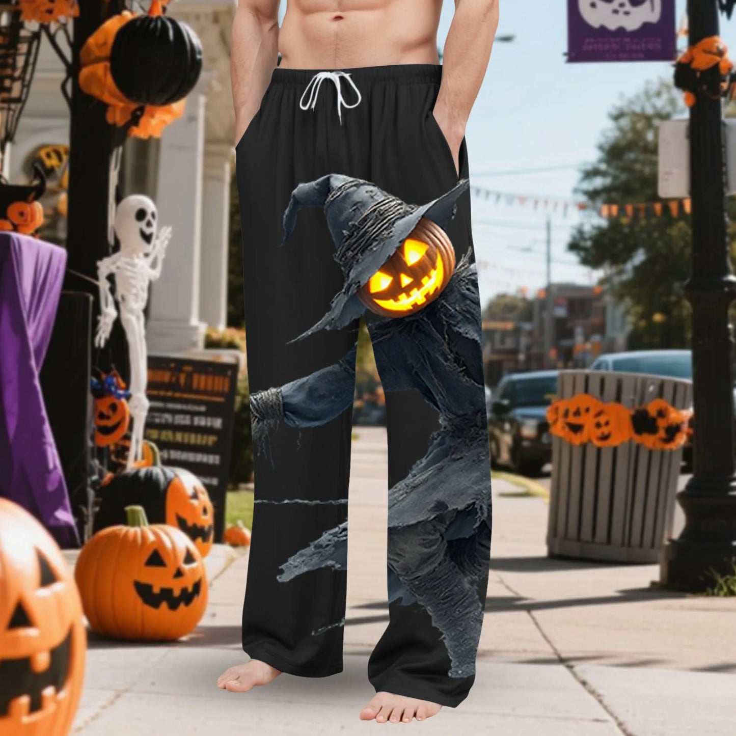 Men'S Halloween Glowing Pumpkin Bogy Printed Pocket Home Clothes Pajama Pants Bottoms Big Slipper