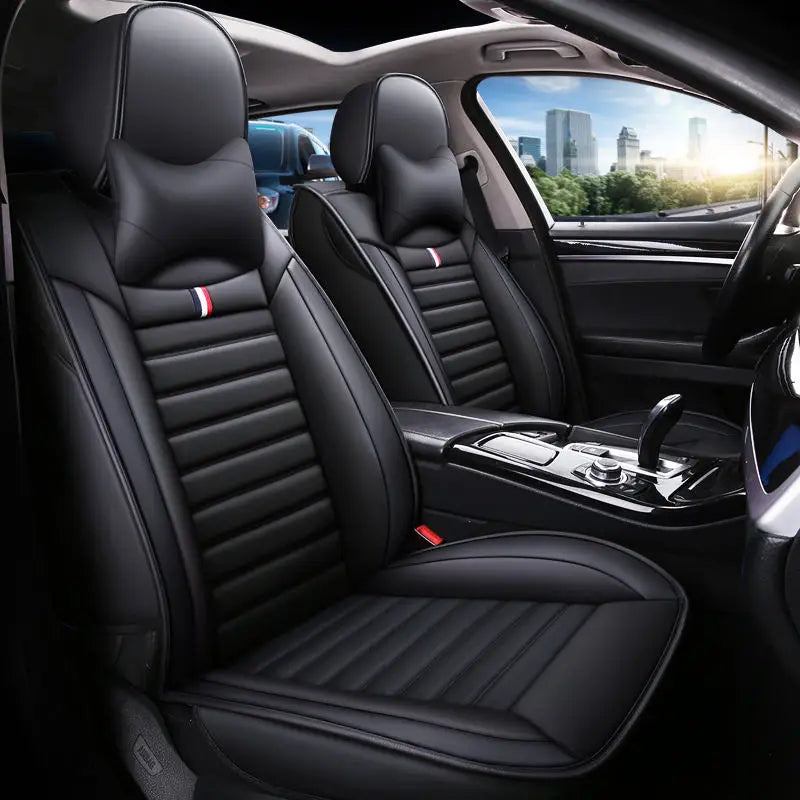 5-Seater Full Set Sporty Style Black Blue Leather Car Seat Cover Waterproof Interior Accessory