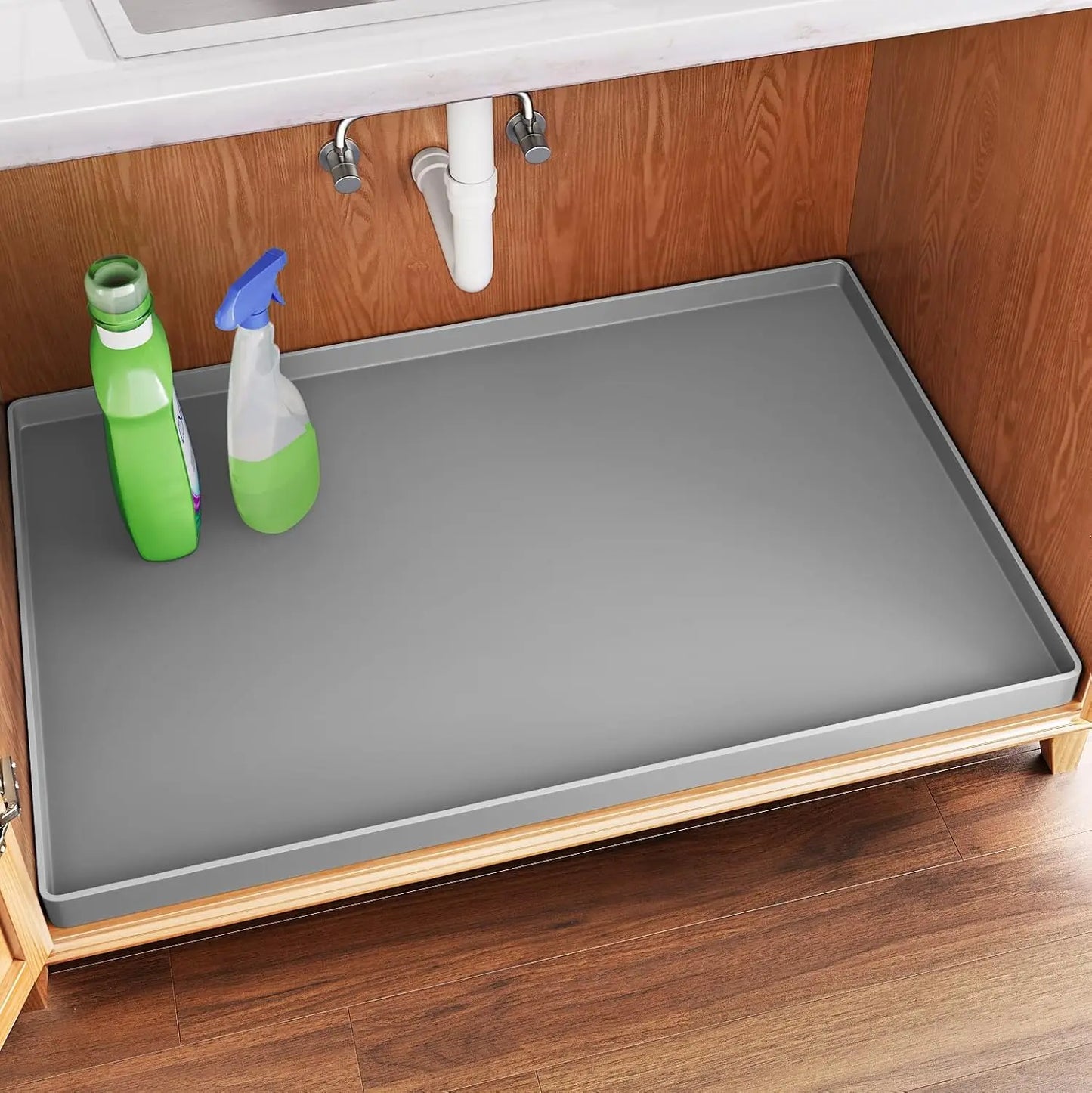 3 in 1 SET: Under Sink Mat with Cutout for Pipes-Cut to Size Under Sink Mat 34x22''-Cut to Fit Sink Mats Silicone