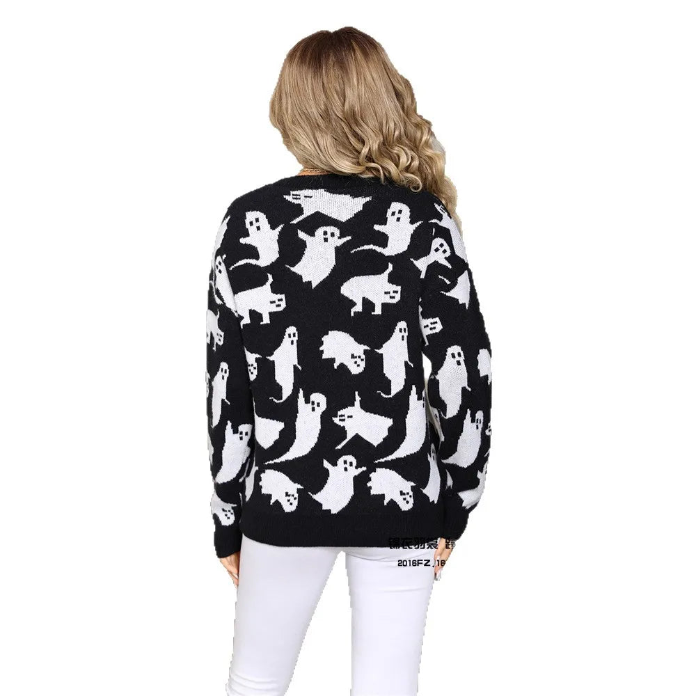 Women Pullover Halloween Sweaters Ghost Print Jumpers Long Sleeves O Neck Loose Slight Strech Casual Office Lady 2025 Autumn