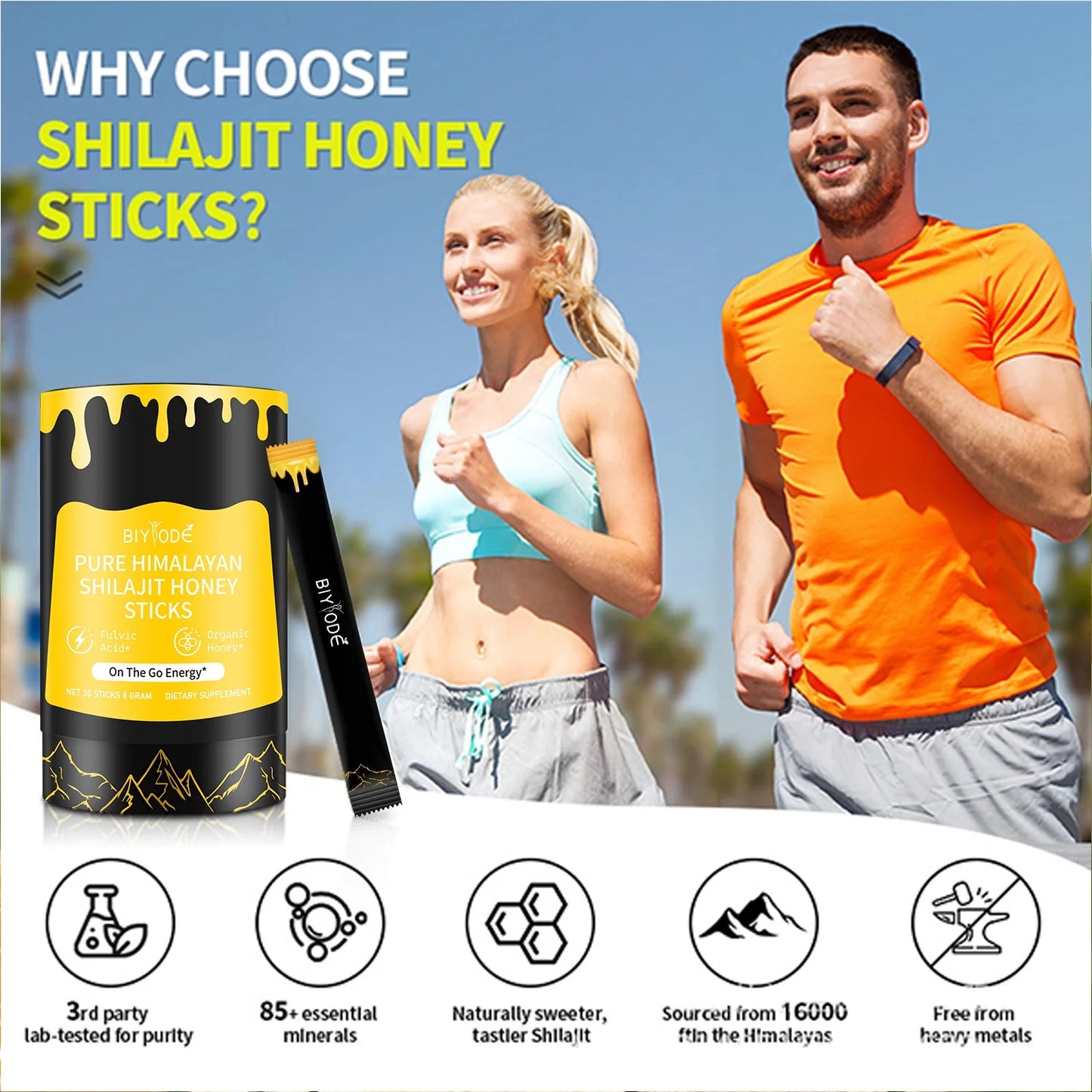 【BIYODE】Shilajit Honey Sticks - 100% Pure Natural Energy Boost Stick - 1.76 Oz Stick