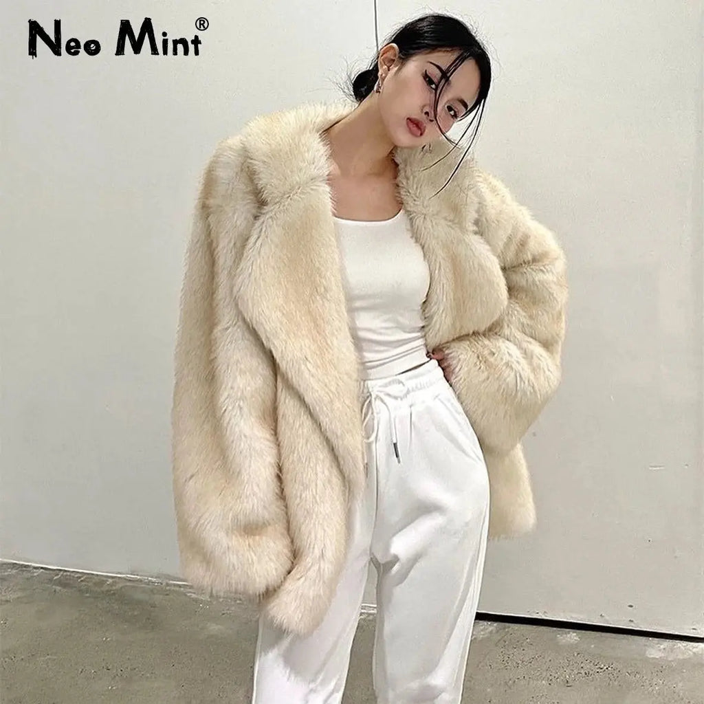 Neo Mint Luxury Brand Women Faux Fur Coat Animal Gradient Color 2024