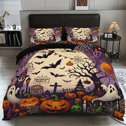 3-piece Halloween themed ghost, bat, and pumpkin patterned duvet cover set, 1 duvet cover+2 pillowcases, coreless