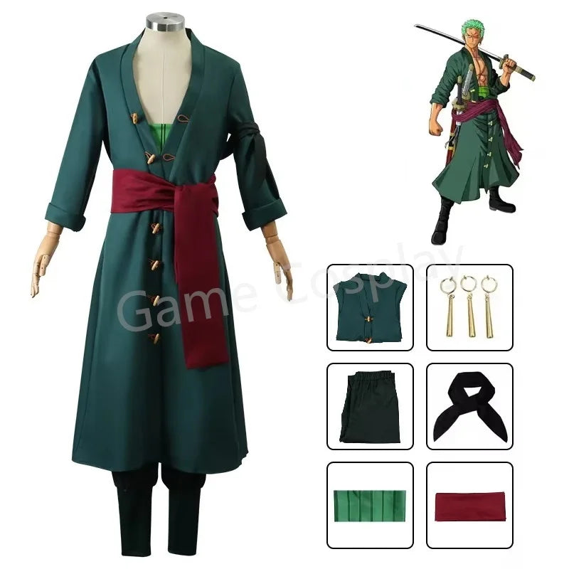 Roronoa Zoro Cosplay Anime Figures Costume Uniform Green Coat Pants Head Scarf Roronoa Zoro Wig Earrings Halloween Men Clothes