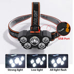 5 LED Headlamp Rechargeable with Built in 18650 Battery Strong Light
