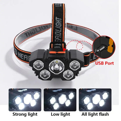 5 LED Headlamp Rechargeable with Built in 18650 Battery Strong Light