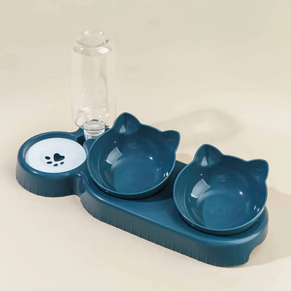 Pet Bowls With Water Feeder, 3 In 1 Ear Design Tilted Cat Water And Food Bowl Set With Gravity Water Bottle For Neck Protection Archie Pets Store