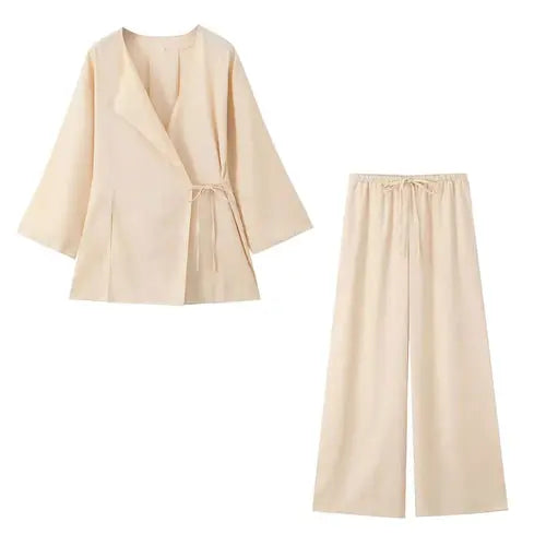 TRAFZA Women's Summer Fashion Linen Solid Color Shirt Set Belted