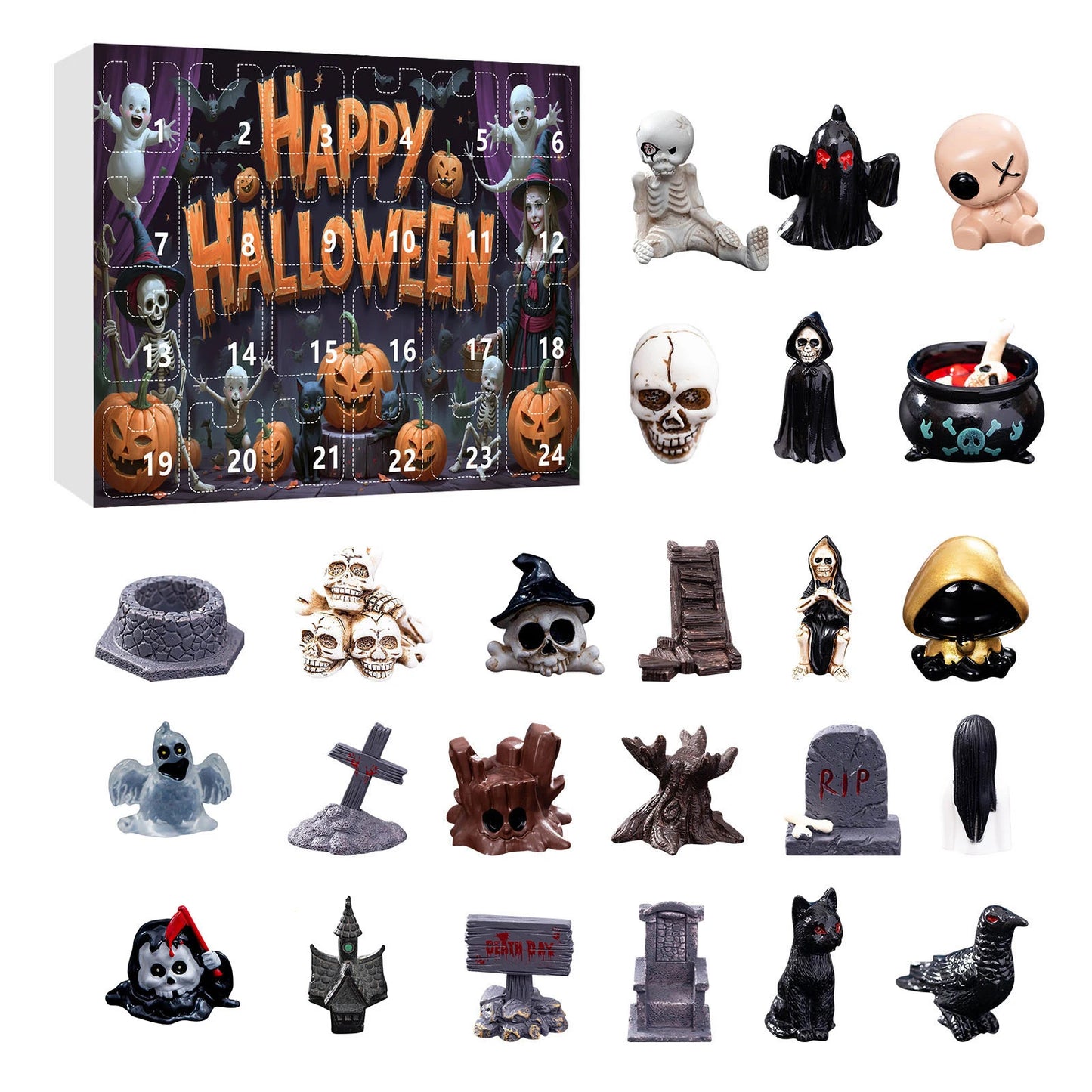 24Pcs Ghost Pumpkin Figurines Halloween Advent Calendar Box Resin Spooky Black Car Bat Ornaments Countdown Calendar Surprise Box