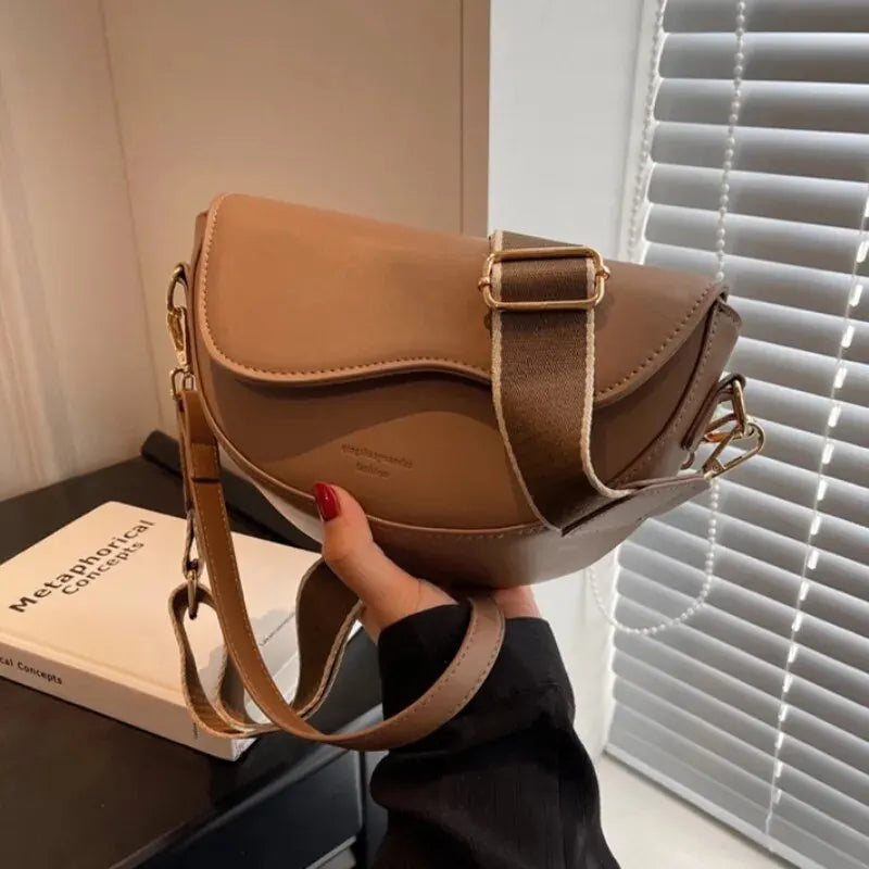 Women Vintage Solid Color Flap Small Saddle Shoulder Underarm Bag Fashion PU Leather Wide Strap Crossbody Bag Yogodlns Official Store