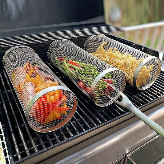 1PC BBQ Cage Rolling Stainless Steel Outdoor Grilling Basket Grill