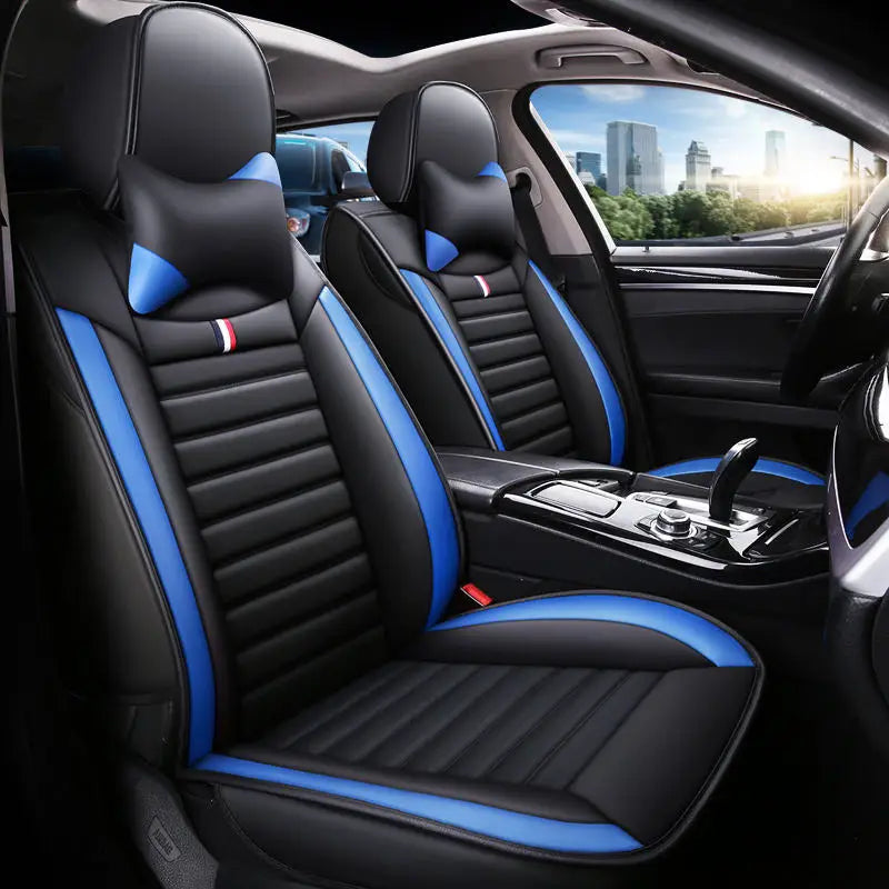 5-Seater Full Set Sporty Style Black Blue Leather Car Seat Cover Waterproof Interior Accessory