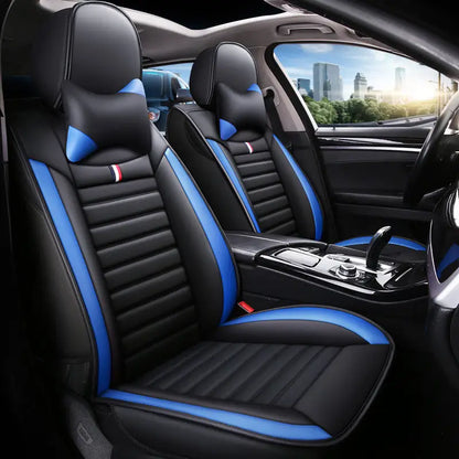 5-Seater Full Set Sporty Style Black Blue Leather Car Seat Cover Waterproof Interior Accessory