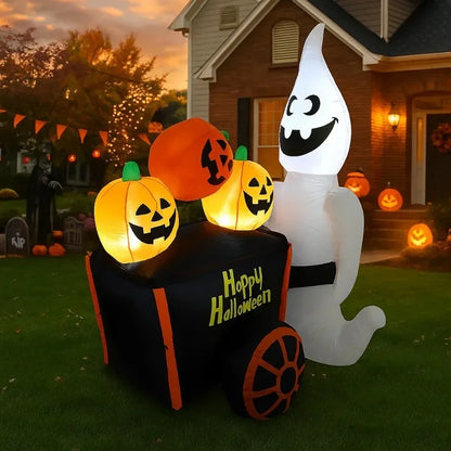6FT Halloween Outdoor Holiday Decorations Inflatable Toys Ghost Push Pumpkin Cart with LED Lights Outdoor Party Inflatable Model