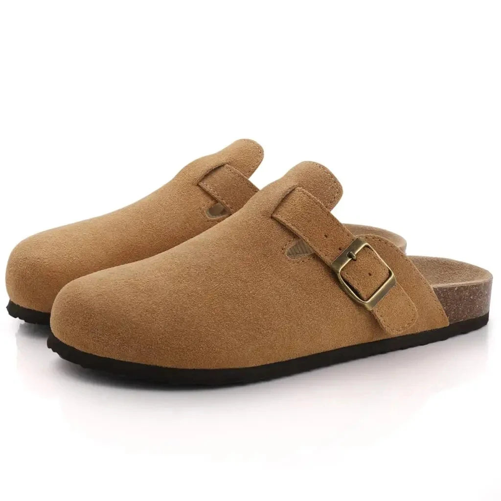 Shevalues Women's Fur Suede Clogs Slippers Classic Cork Footbed Fuzzy Mules Winter Plush Slippers Outdoor Warm Cork Flat Slipper