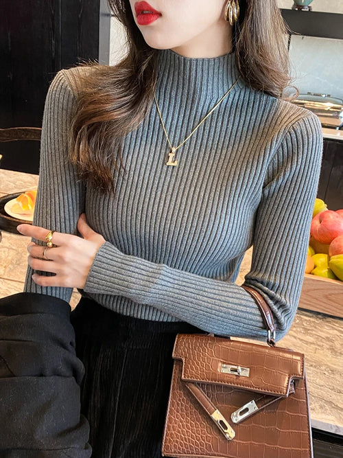 Elegant Solid Basic Knitted Tops Women Turtlneck Sweater Long Sleeve