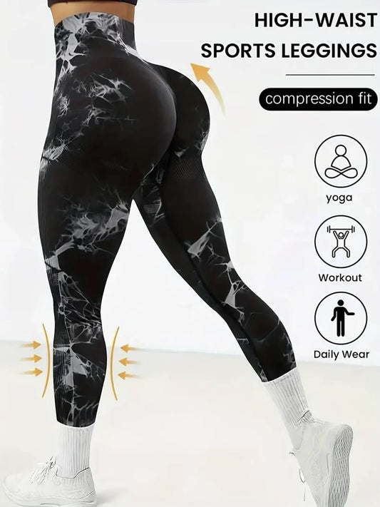 Hip Lifting Seamless Fitness Gym Leggings Tie-Dye Yoga Pants Women's Exercise Tights Tummy Control High Waist Workout Pants